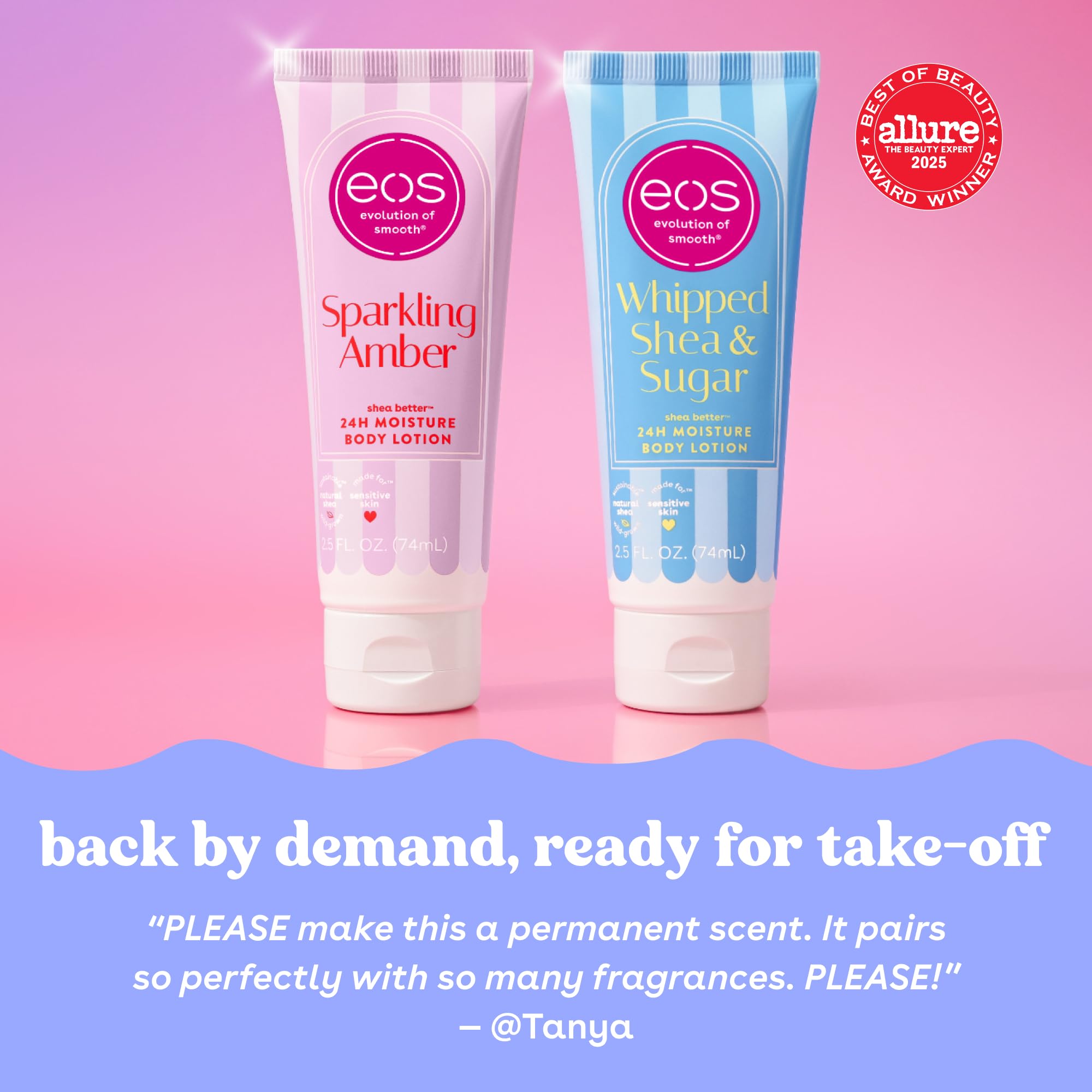 Premium imported EOS 24H Moisture Body Lotion in Sparkling Amber and Whipped Shea & Sugar, perfect for hydration on-the-go.