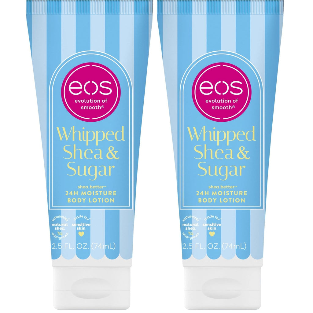 Authentic eos 24H Moisture Travel Body Lotion, Vanilla scent, featuring whipped shea and sugar in convenient 2.5 oz tubes.