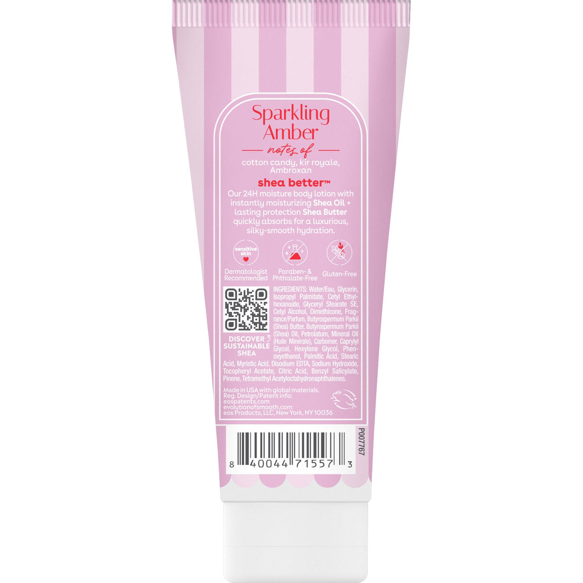 Pink tube of EOS 24H Moisture Travel Body Lotion, enriched with shea butter for smooth hydration. Verified by CuratCart.
