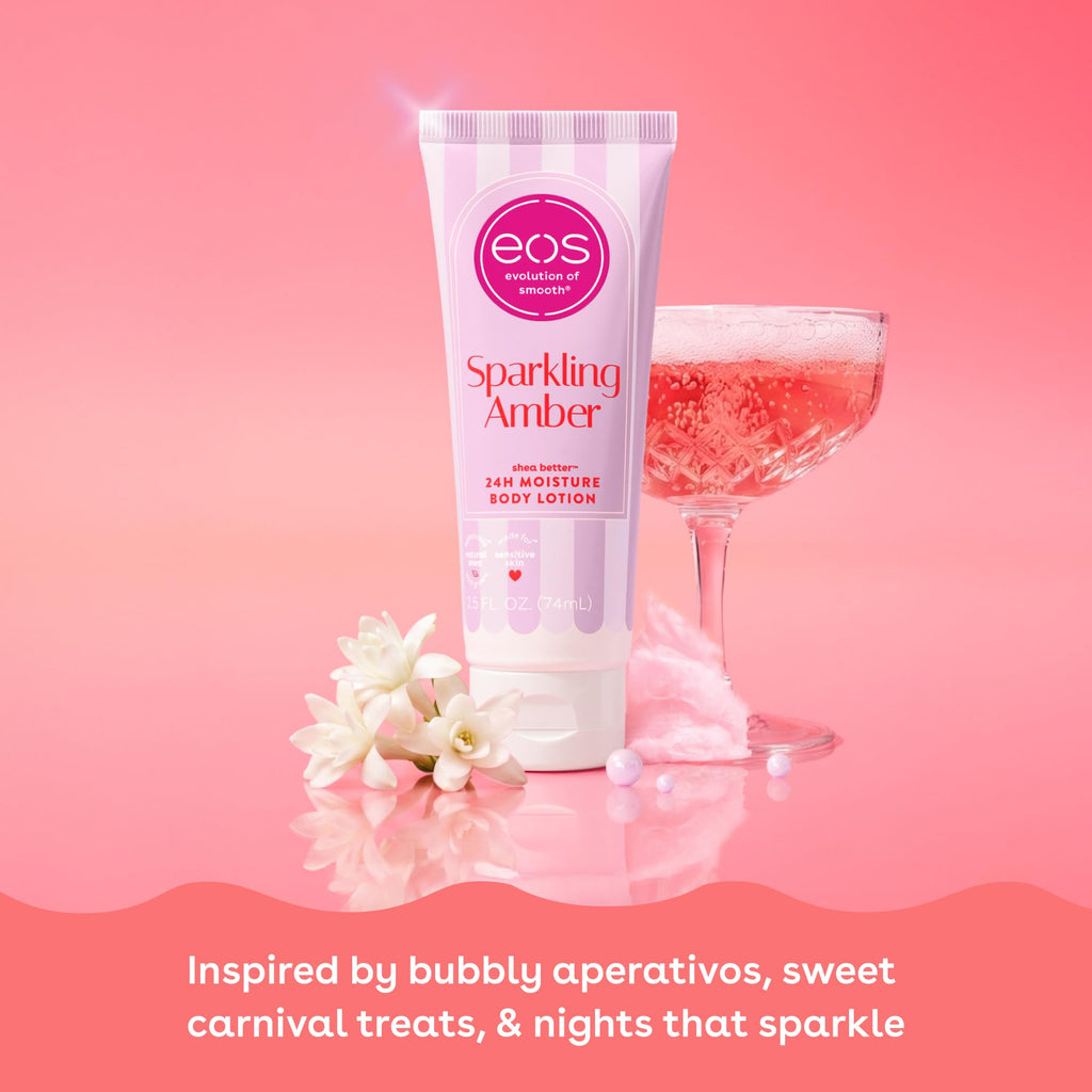 EOS 24H Moisture Body Lotion in Sparkling Amber, featuring playful packaging and vibrant pink accents on a stylish backdrop.