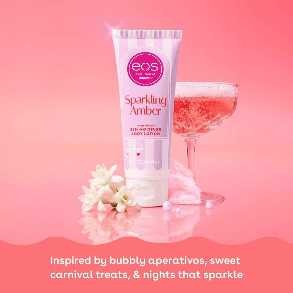 EOS 24H Moisture Body Lotion in Sparkling Amber, featuring playful packaging and vibrant pink accents on a stylish backdrop.
