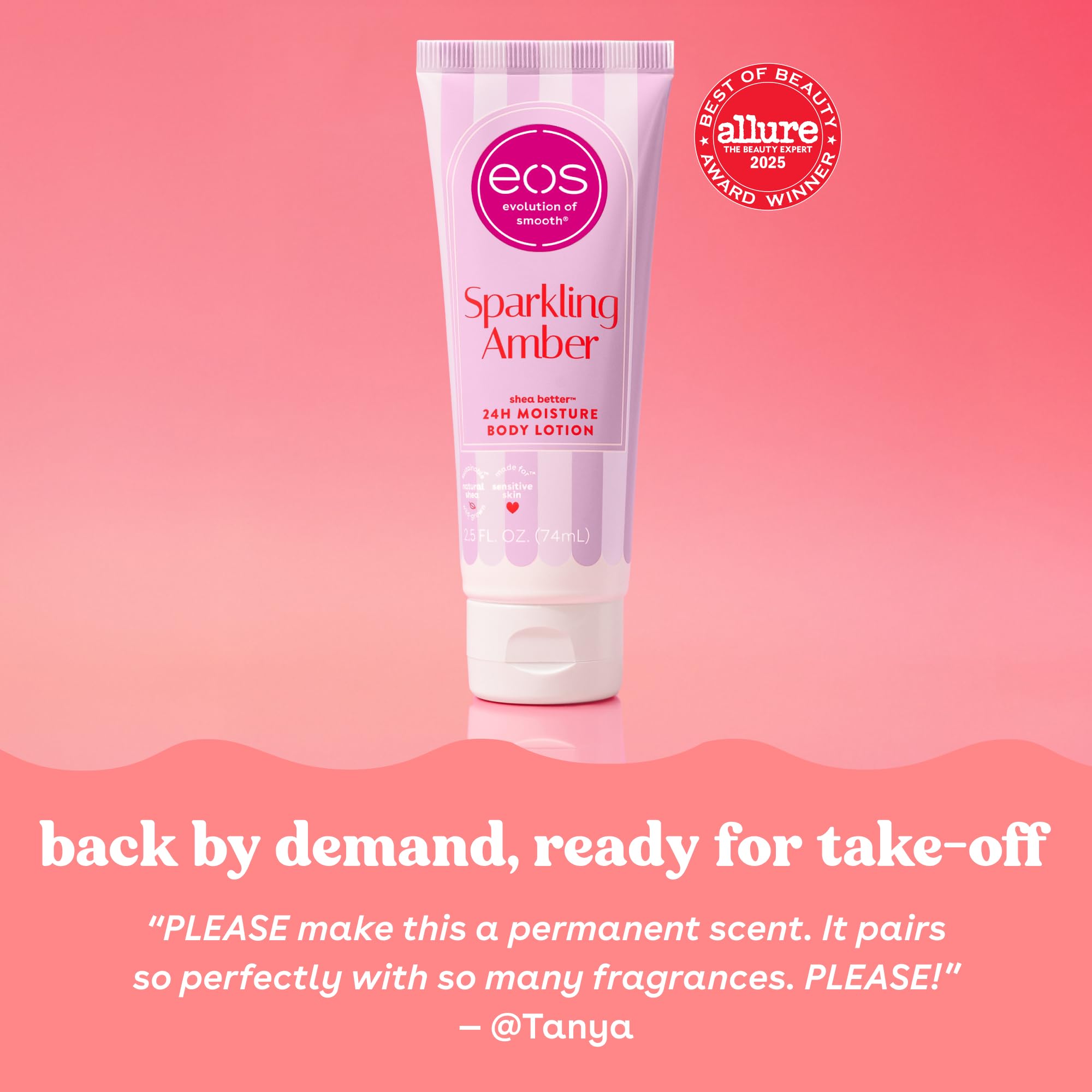 eos 24H Moisture Body Lotion tube in Sparkling Amber scent, celebrated for hydration. Verified by CuratCart.