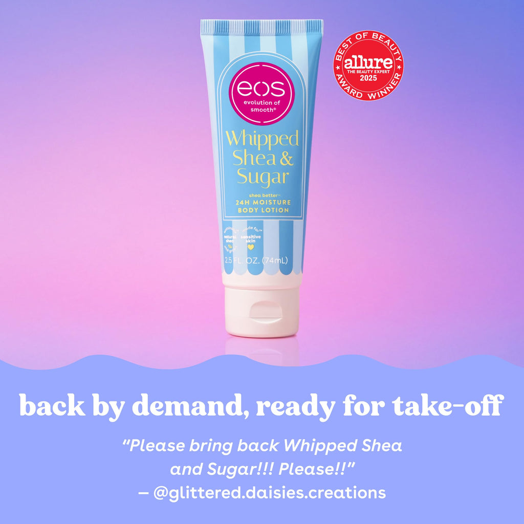 Eos 24H Moisture Vanilla Body Lotion in tube packaging, perfect for travel. Order online now. Available in India.