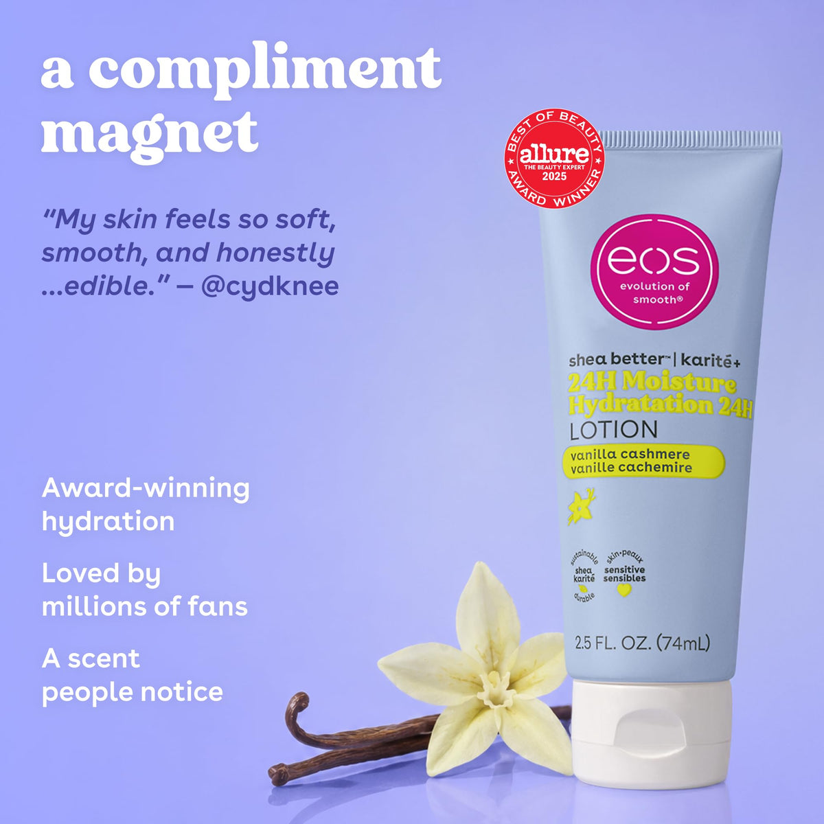 Premium EOS 24H Moisture Body Lotion in Vanilla, loved globally for soft, lasting hydration, perfect for travel.