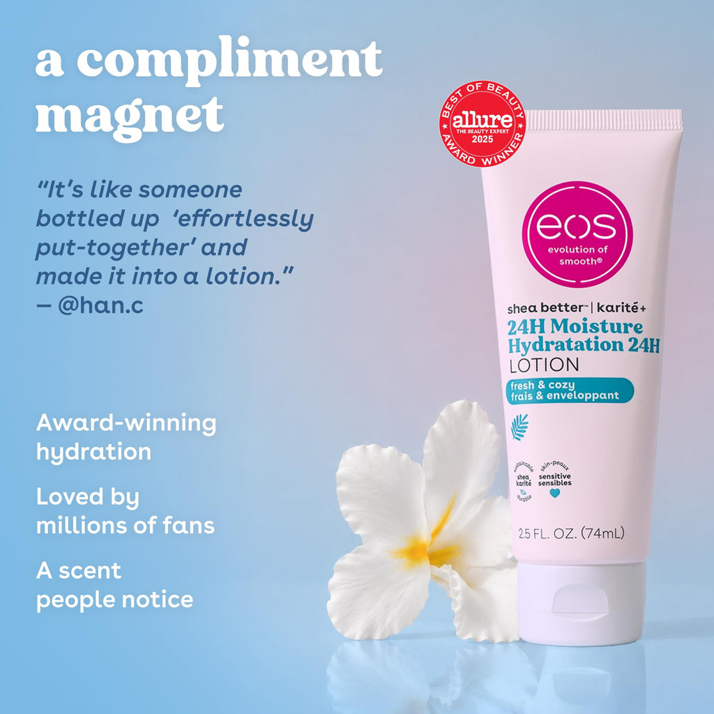 EOS 24H Moisture Travel Body Lotion in Vanilla offers award-winning hydration, loved by millions. Trusted by CuratCart.
