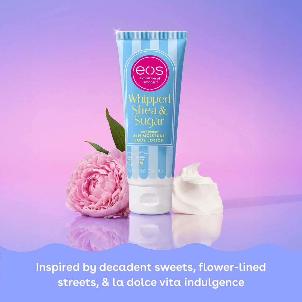 EOS 24H Moisture Body Lotion in blue tube, inspired by sweets and indulgence. Verified by CuratCart for quality.