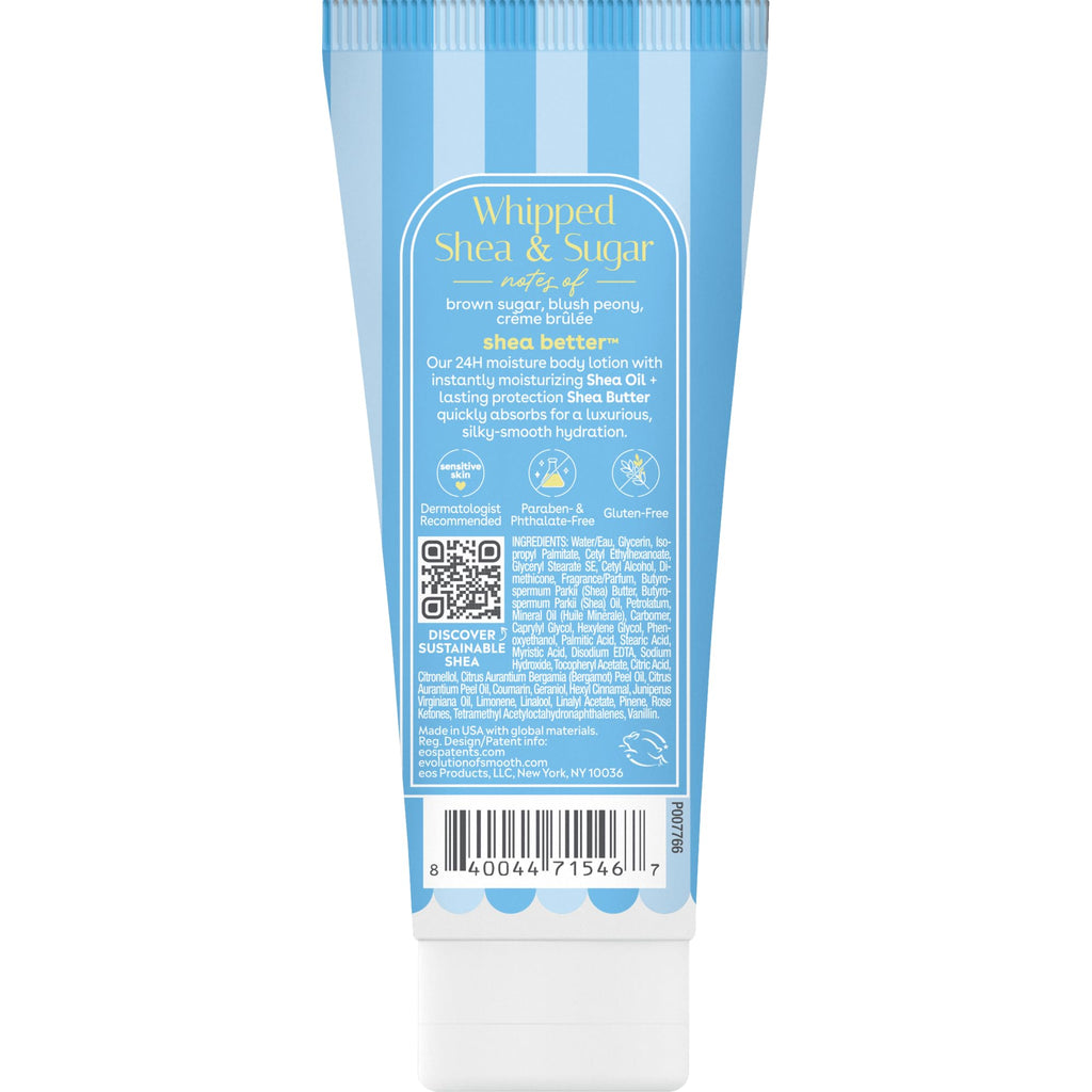 Explore EOS 24H Moisture Body Lotion in decadent vanilla, featuring whipped shea and sugar for ultimate hydration.