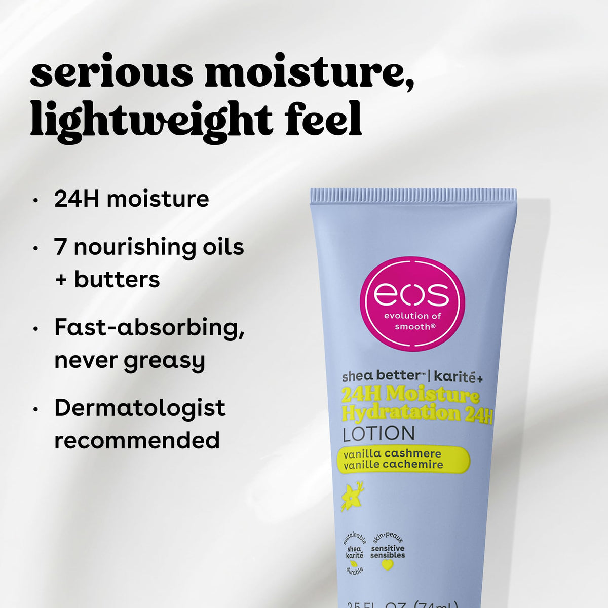 Authentic EOS 24H Moisture Body Lotion in Vanilla. Lightweight formula, fast-absorbing, with nourishing oils and butters.