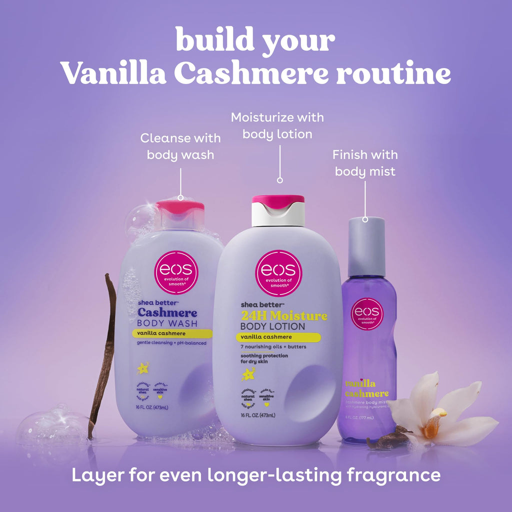 Premium imported eos 24H Moisture Body Lotion in Vanilla scent offers lasting hydration for soft skin.