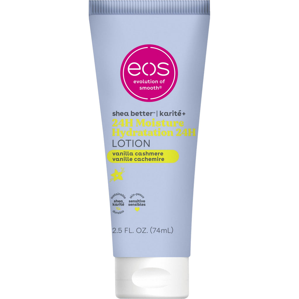 EOS 24H Moisture Travel Body Lotion in Vanilla Cashmere. Authentic shea butter formula for intense hydration.