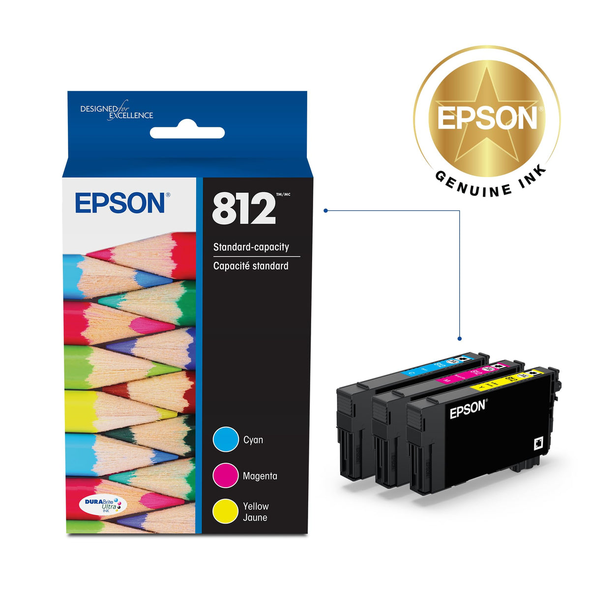 Epson 812 Ink Color Combo Pack featuring cyan, magenta, and yellow cartridges, 100% Authentic, available at Curat Cart in India.