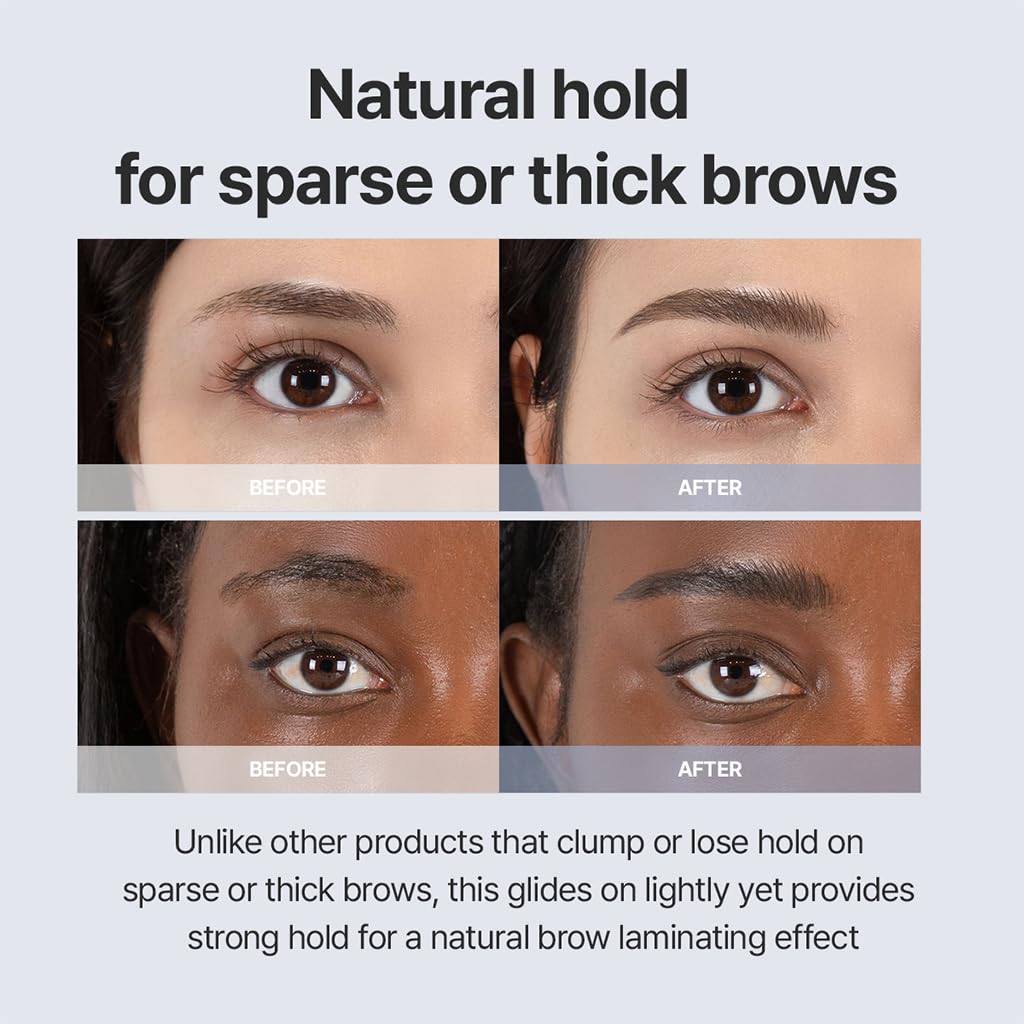 Before and after images showcasing natural brow hold. Suitable for all brow types. Verified by CuratCart.
