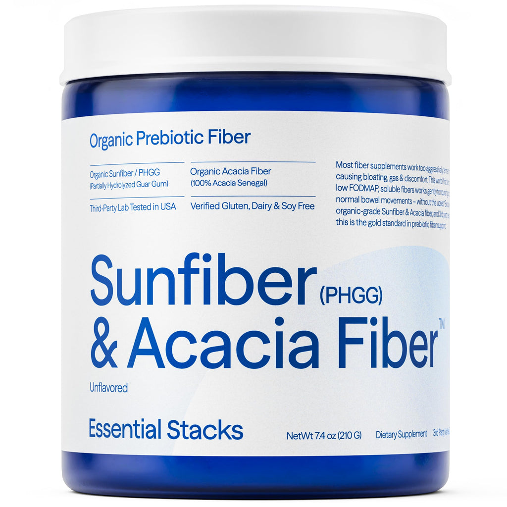 Essential Stacks Sunfiber Fiber offers premium imported organic prebiotic benefits, enhancing gut health. Available at Curat Cart.