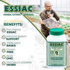 ESSIAC Tea Herbal Extract Capsules in official packaging, promoting immune support with 100% plant-based, gluten-free ingredients. Available at Curat Cart.