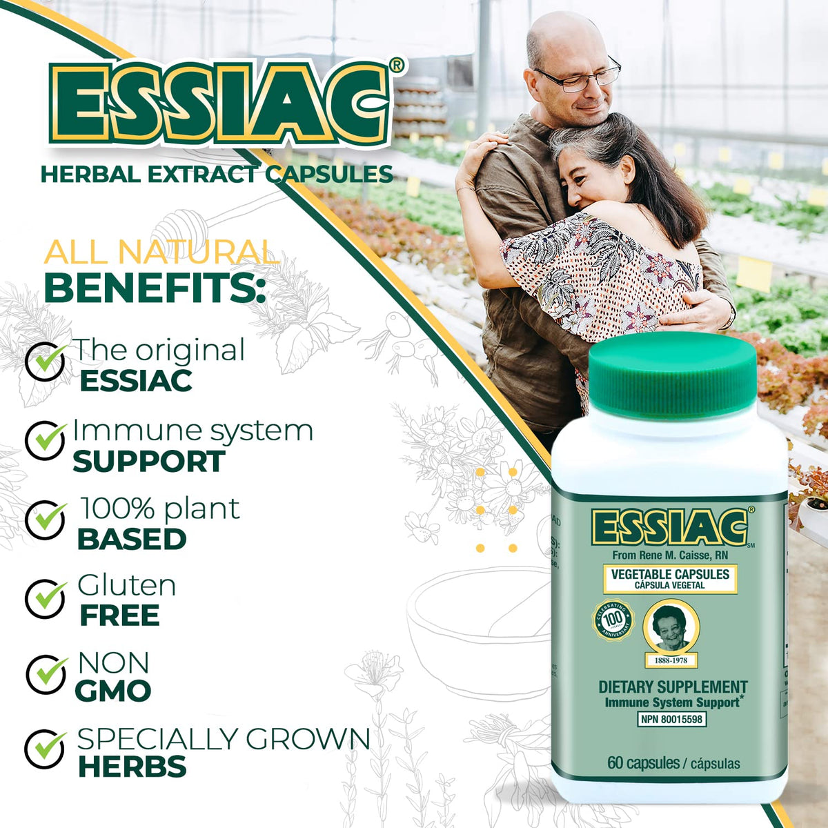ESSIAC Tea Herbal Extract Capsules in official packaging, promoting immune support with 100% plant-based, gluten-free ingredients. Available at Curat Cart.