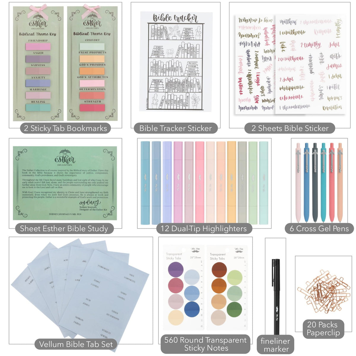 Explore the Esther Bible Journaling Kit from Curat Cart, featuring high-quality stickers, markers, and sticky notes for creative study.