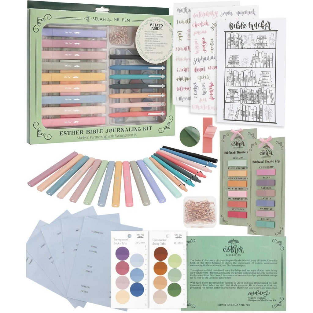 Explore the premium imported Esther Bible Journaling Kit from Curat Cart, featuring vibrant pens, stickers, and themed papers for creative expression.