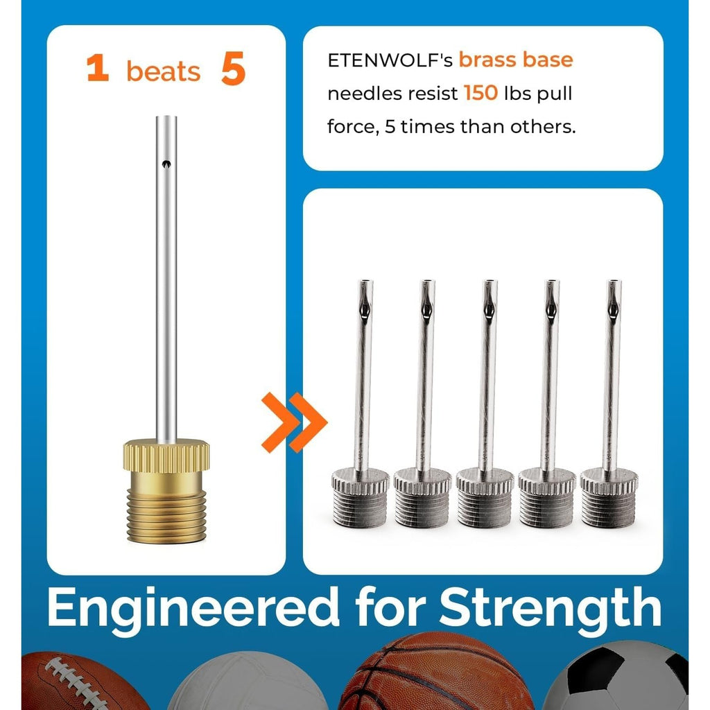 ETENWOLF brass ball pump needles ensure durability with 150 lbs pull strength, perfect for daily use. Available at Curat Cart.