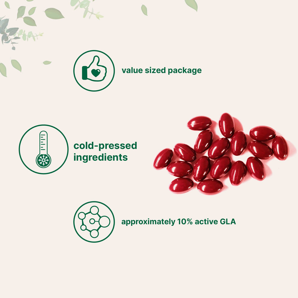 Quality Evening Primrose Oil softgels in a value-sized package, featuring cold-pressed ingredients with 10% active GLA. Available at Curat Cart.