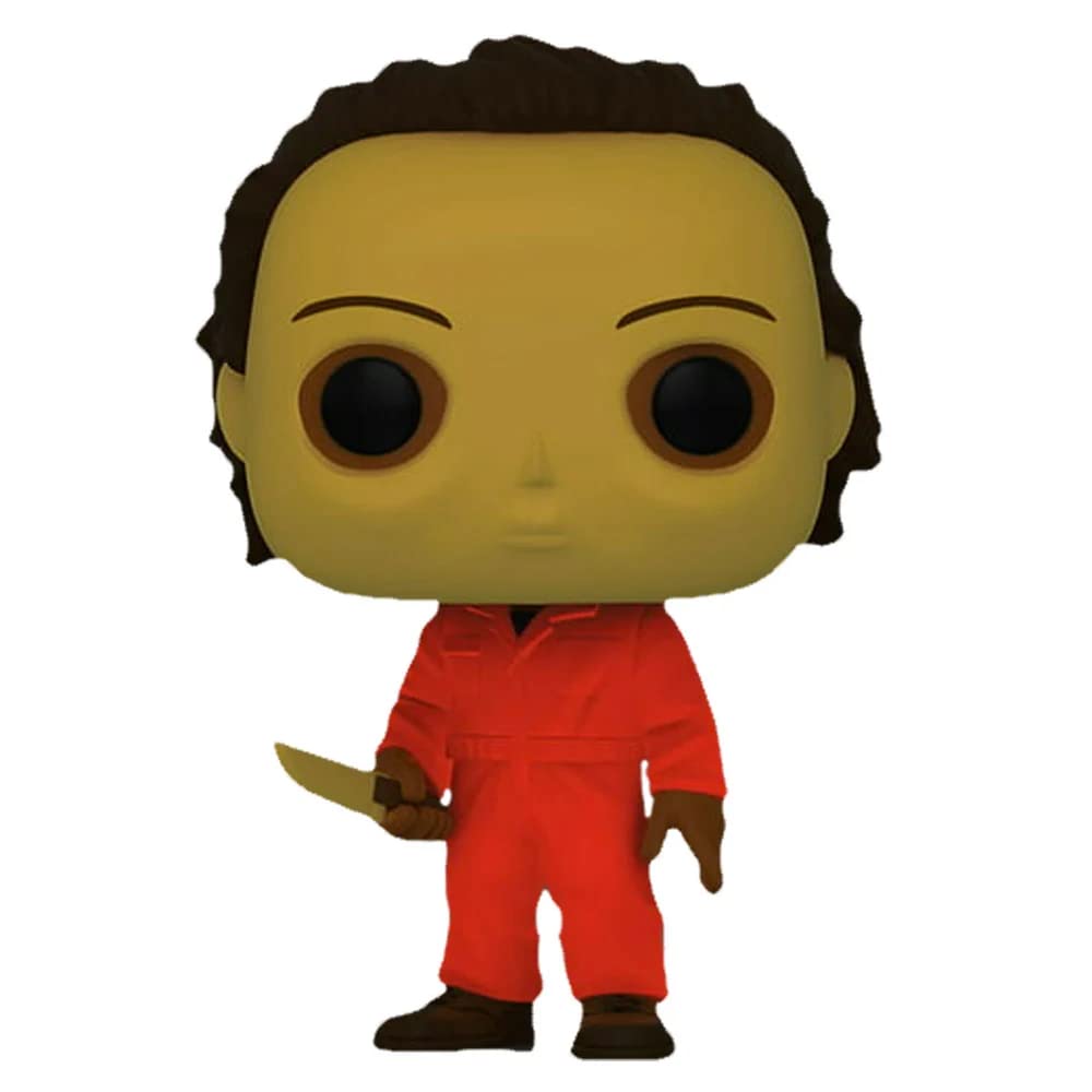 Exclusive Funko POP! Michael Myers figure in orange jumpsuit, holding a knife, globally loved collectible.