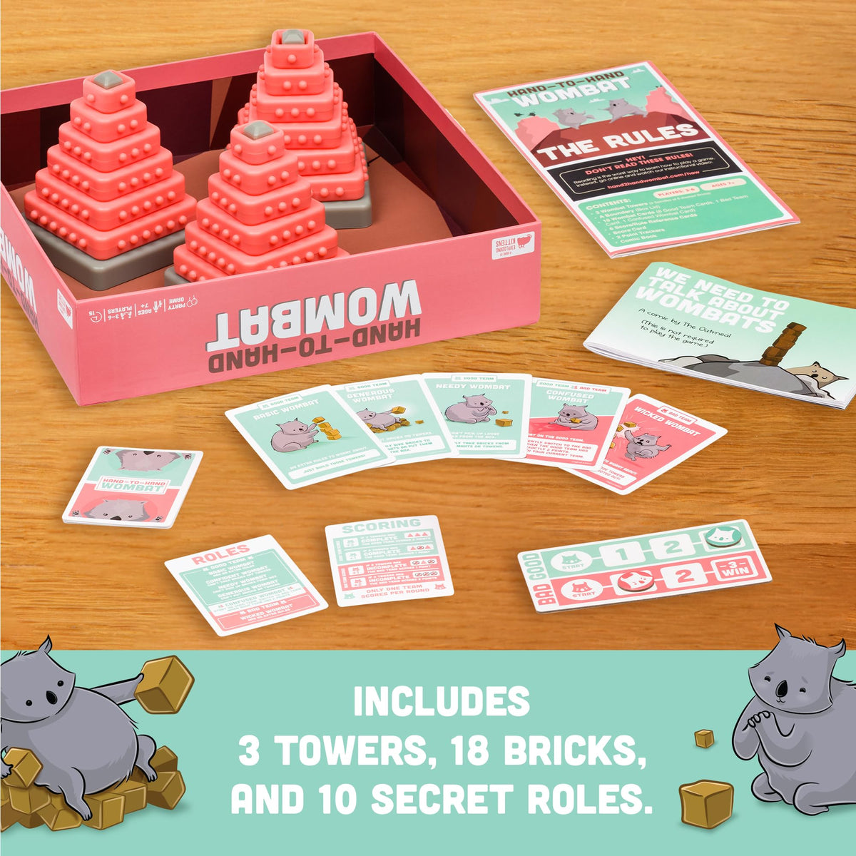 Original Exploding Kittens Hand to Hand Wombat game featuring 3 towers, 18 bricks, and 10 secret roles. Perfect for family fun!