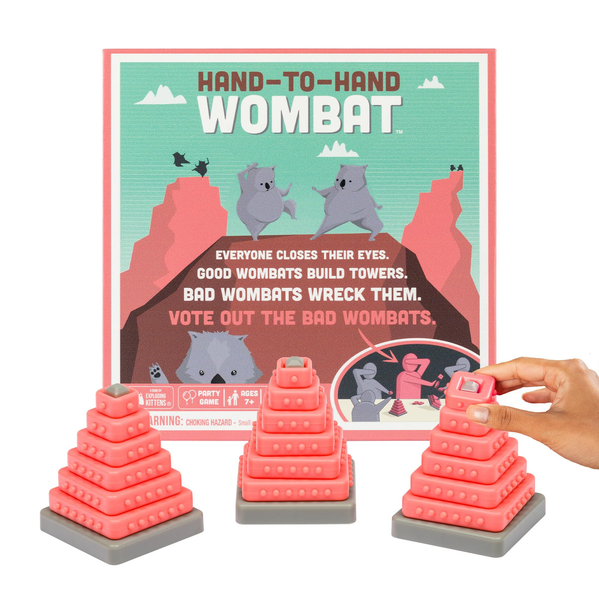 100% Genuine Exploding Kittens Hand to Hand Wombat game featuring colorful wombat towers for a fun party experience.
