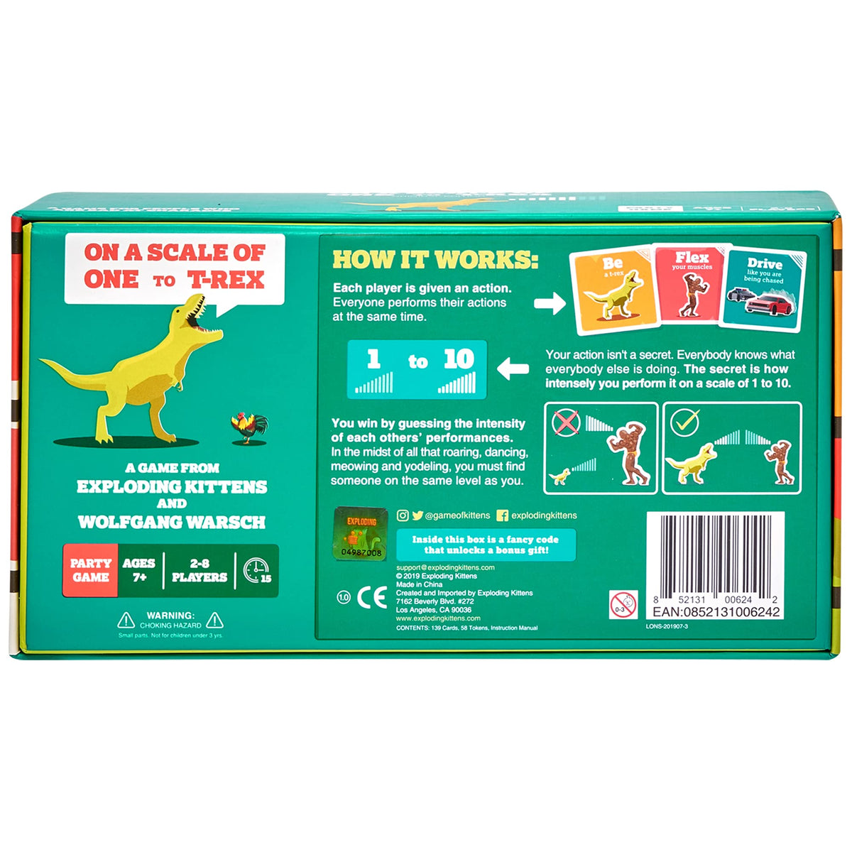 Official Exploding Kittens T-Rex Card Game box, showcasing game instructions and vibrant illustrations for fun gameplay.