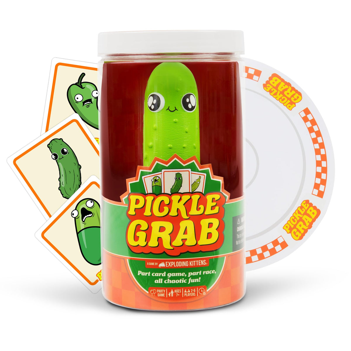 Discover the authentic Exploding Kittens Pickle Grab, featuring a quirky pickle in a jar and fun game cards for chaotic enjoyment.