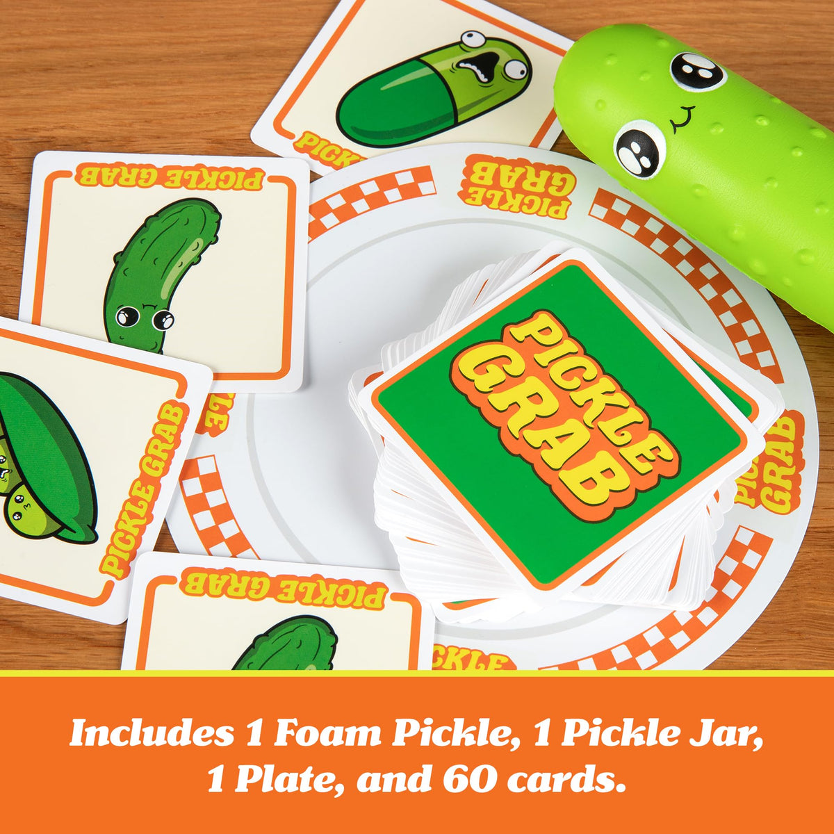 Discover the fun with this premium imported Exploding Kittens Pickle Grab game, featuring 60 cards, a foam pickle, and more!