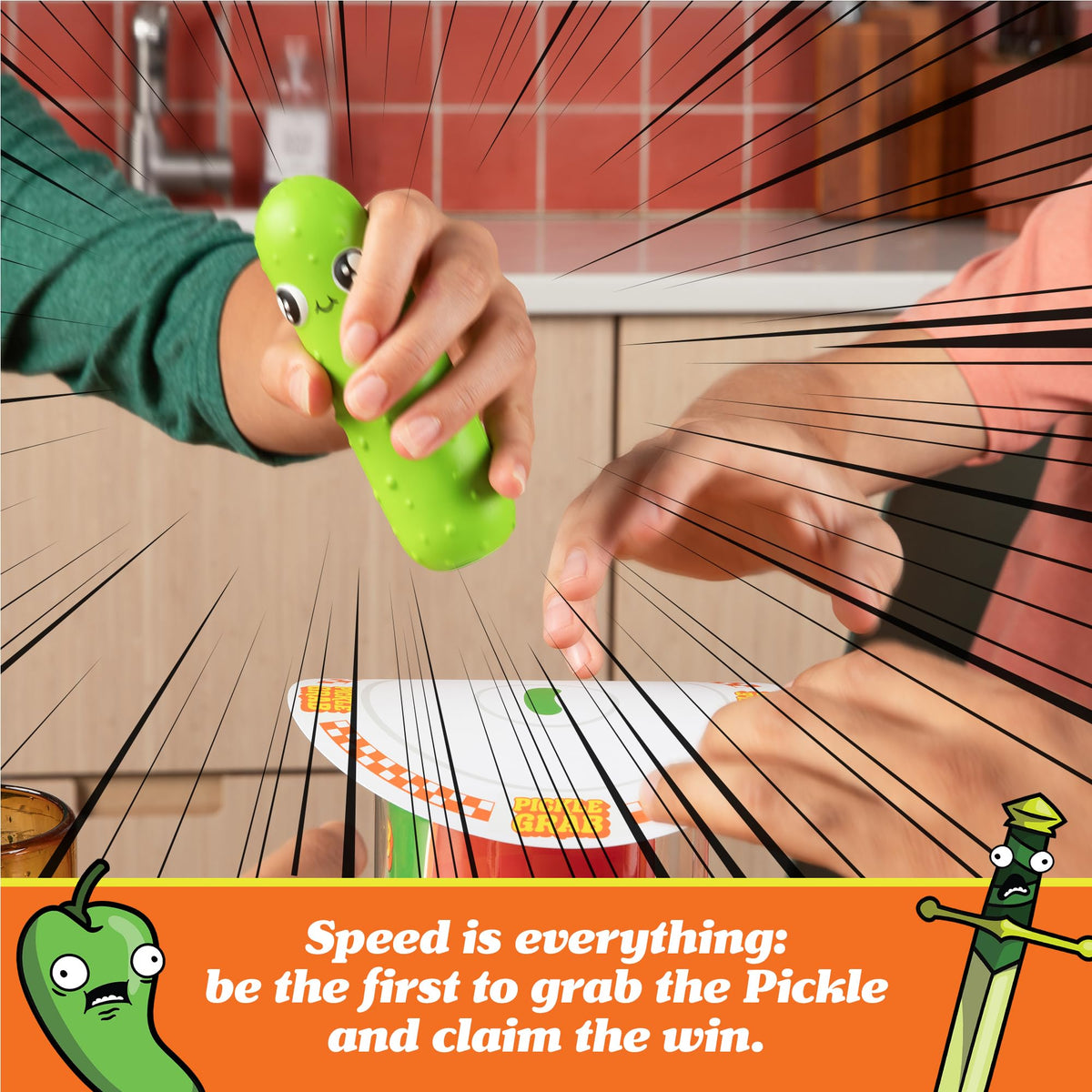 Exciting gameplay of Exploding Kittens' Pickle Grab, featuring a vibrant pickle toy. Be quick to claim your win!