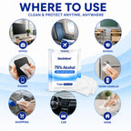 75% alcohol sanitizing wipes in official packaging, ideal for cleaning surfaces anytime. Available at Curat Cart.