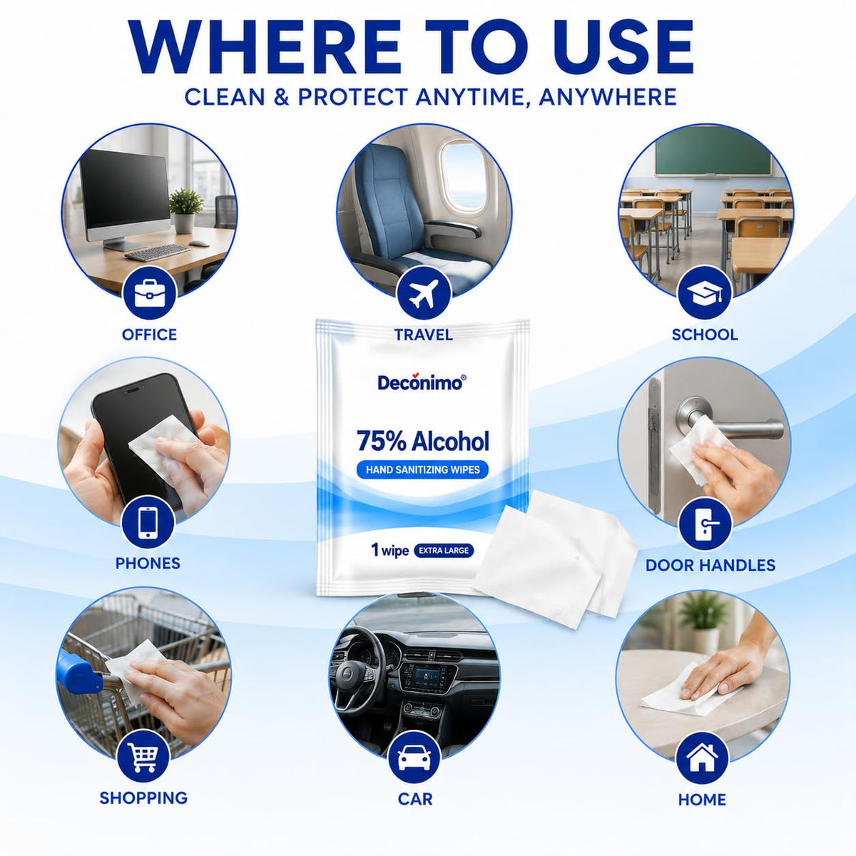 75% alcohol sanitizing wipes in official packaging, ideal for cleaning surfaces anytime. Available at Curat Cart.