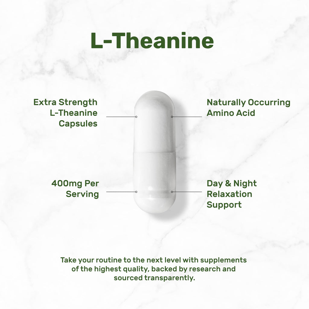 Extra Strength L-Theanine capsules in official packaging for day and night relaxation support. Available at Curat Cart.