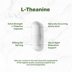 Extra Strength L-Theanine capsules in official packaging for day and night relaxation support. Available at Curat Cart.