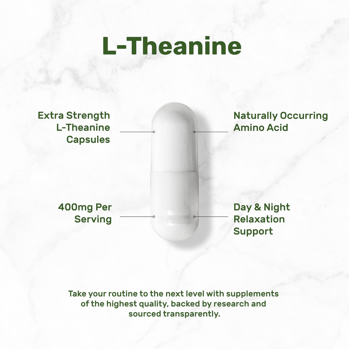 Extra Strength L-Theanine capsules in official packaging for day and night relaxation support. Available at Curat Cart.