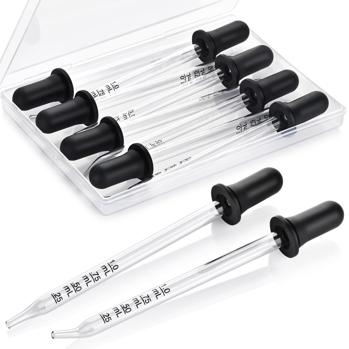 Set of eight 1mL glass eye droppers in a clear case. Ideal for precise liquid measurements and applications.