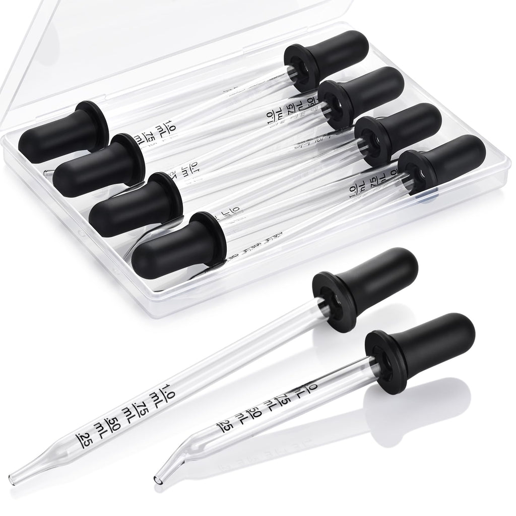 Premium imported set of 8 glass eye droppers, each 1mL, ideal for precise liquid measurements and dispensing.
