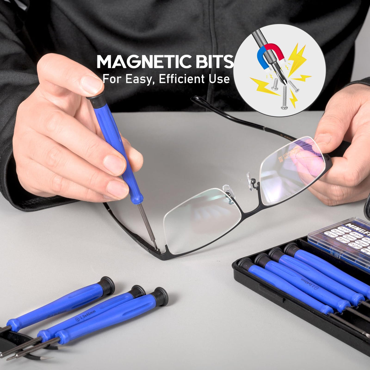 MINGFIX Eyeglass Repair Tool Set features magnetic bits for easy, efficient use, presented in high-quality packaging at Curat Cart.