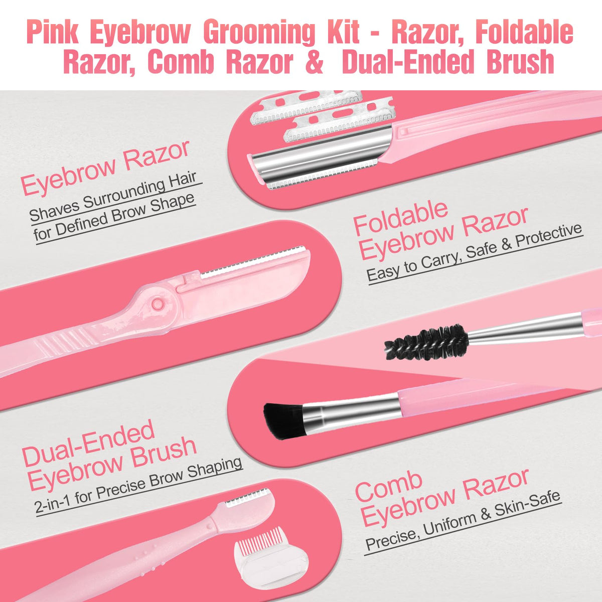 Complete pink eyebrow grooming kit featuring razors, dual-ended brush, and tweezers for perfect shaping. Verified by CuratCart.