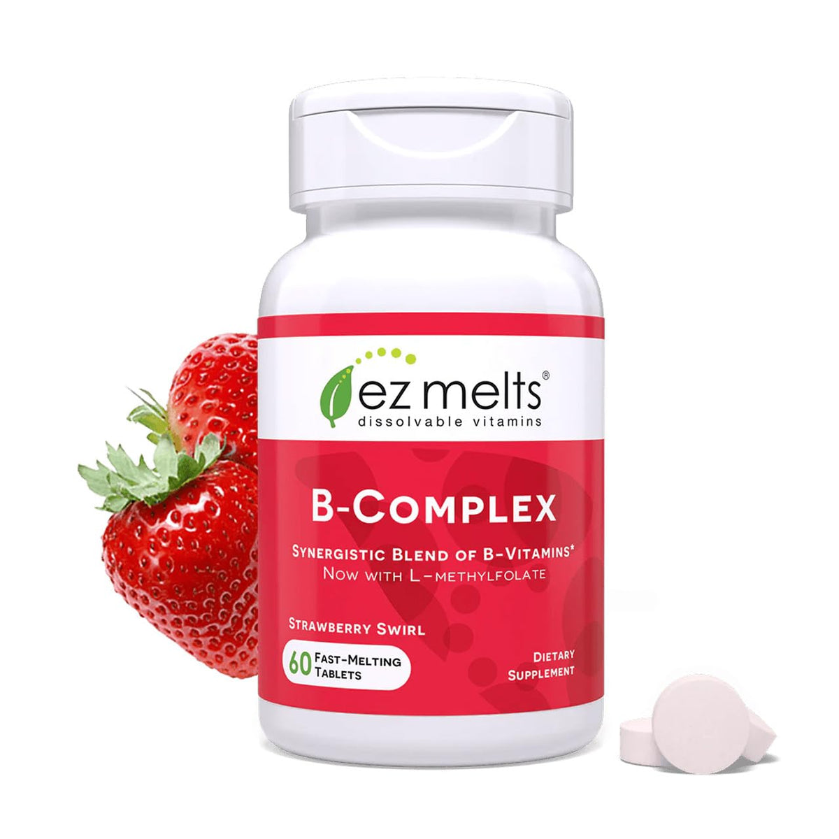 EZ Melts B-Complex Vitamins: 100% Authentic strawberry swirl, 60 fast-melting tablets for dietary support.