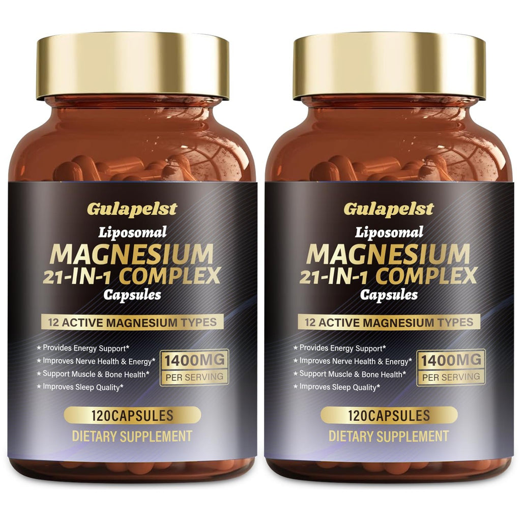 21 in 1 Liposomal 1400mg Magnesium Complex (Citrate, Glycinate, Malate etc) Capsule - 12 Active Types Magnesium with Vitamin D3, B6, B12, C, Ashwagandha & CoQ10 for Women & Men - Support Bone & Muscle