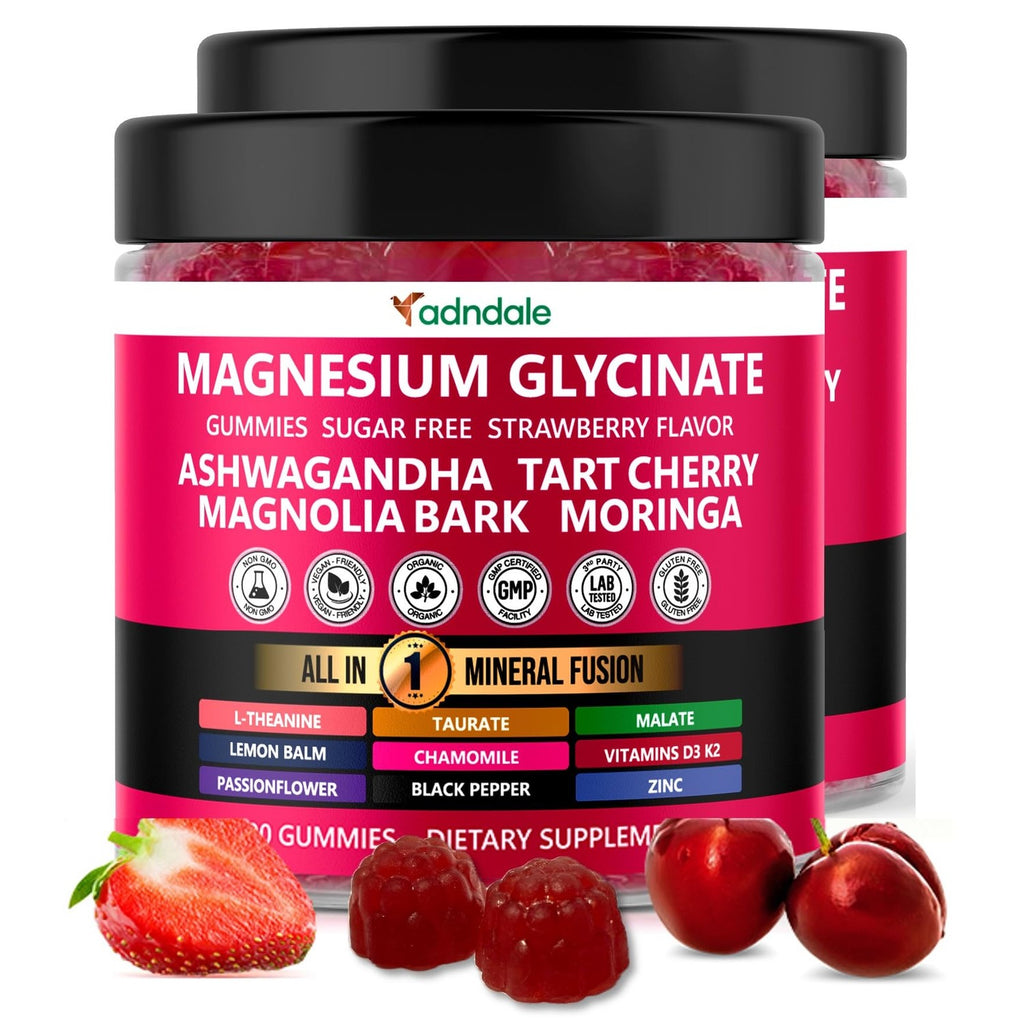 Adndale Magnesium Glycinate 400 mg Gummies with Ashwagandha, Magnesium Malate & Taurate, Tart Cherry, Magnolia Bark, Lemon Balm, Passionflower, Chamomile, L-Theanine, Zinc, Vitamin K2 & D3. 180CT