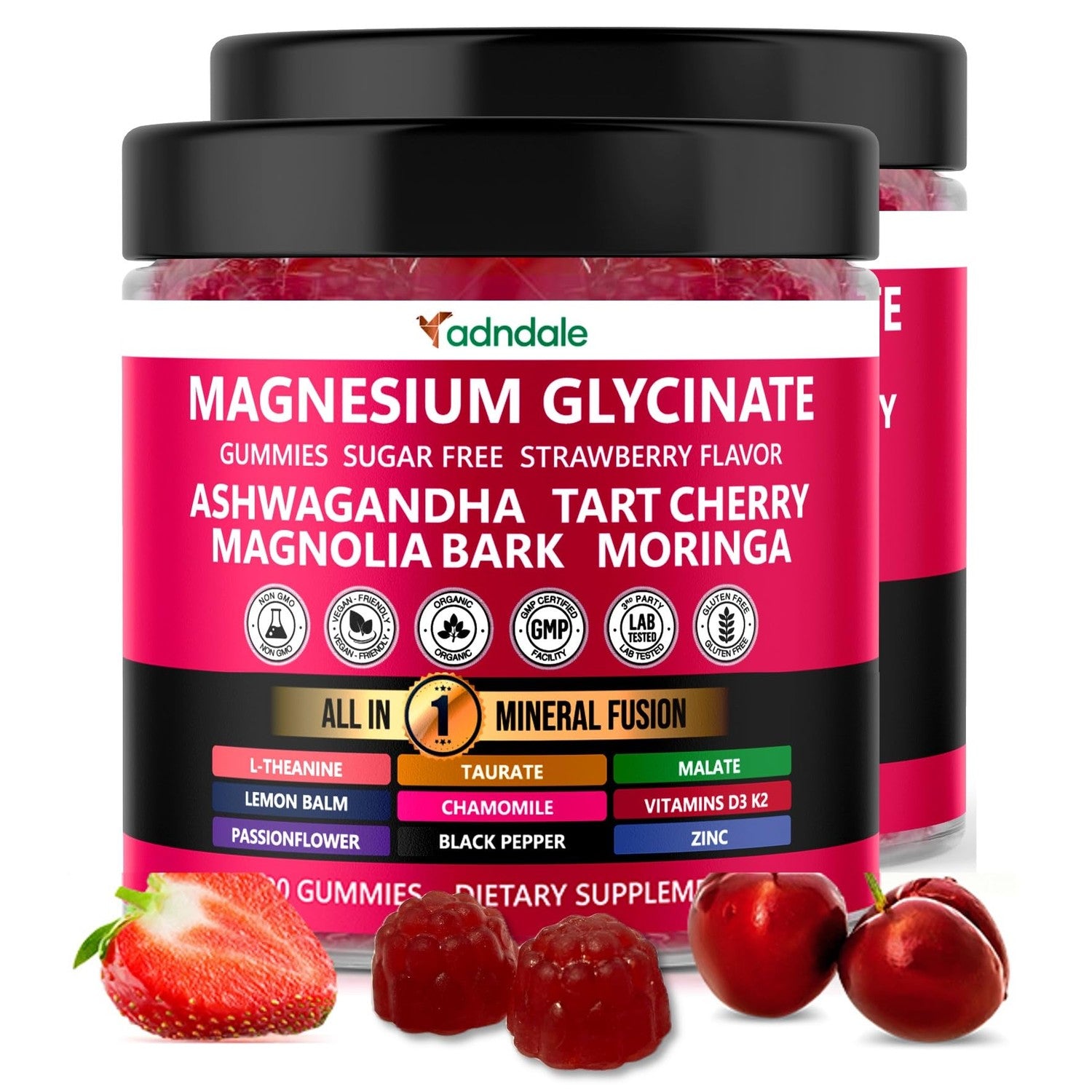 Adndale Magnesium Glycinate 400 mg Gummies with Ashwagandha, Magnesium Malate & Taurate, Tart Cherry, Magnolia Bark, Lemon Balm, Passionflower, Chamomile, L-Theanine, Zinc, Vitamin K2 & D3. 180CT