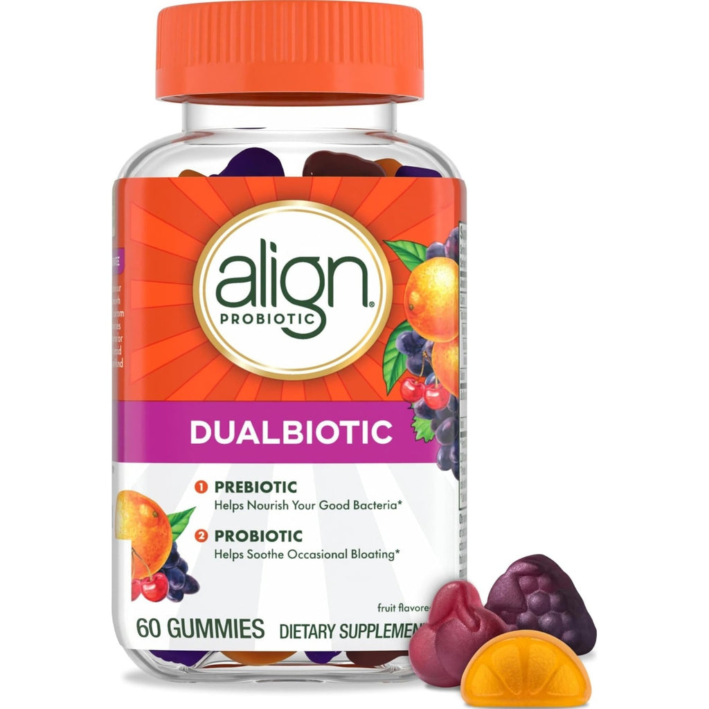 Align DualBiotic, Prebiotic + Probiotic for Women and Men, Help Nourish and Add Good Bacteria for Digestive Support, Natural Fruit Flavors, 60 Gummies (Pack of 2)