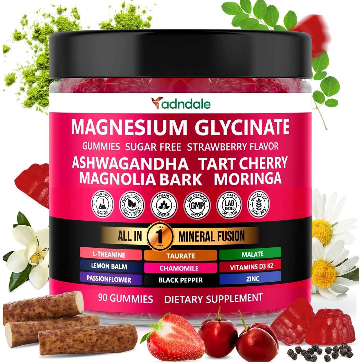 Adndale Magnesium Glycinate 400 mg Gummies with Ashwagandha, Magnesium Malate & Taurate, Tart Cherry, Magnolia Bark, Lemon Balm, Passionflower, Chamomile, L-Theanine, Zinc, Vitamin K2 & D3. 180CT