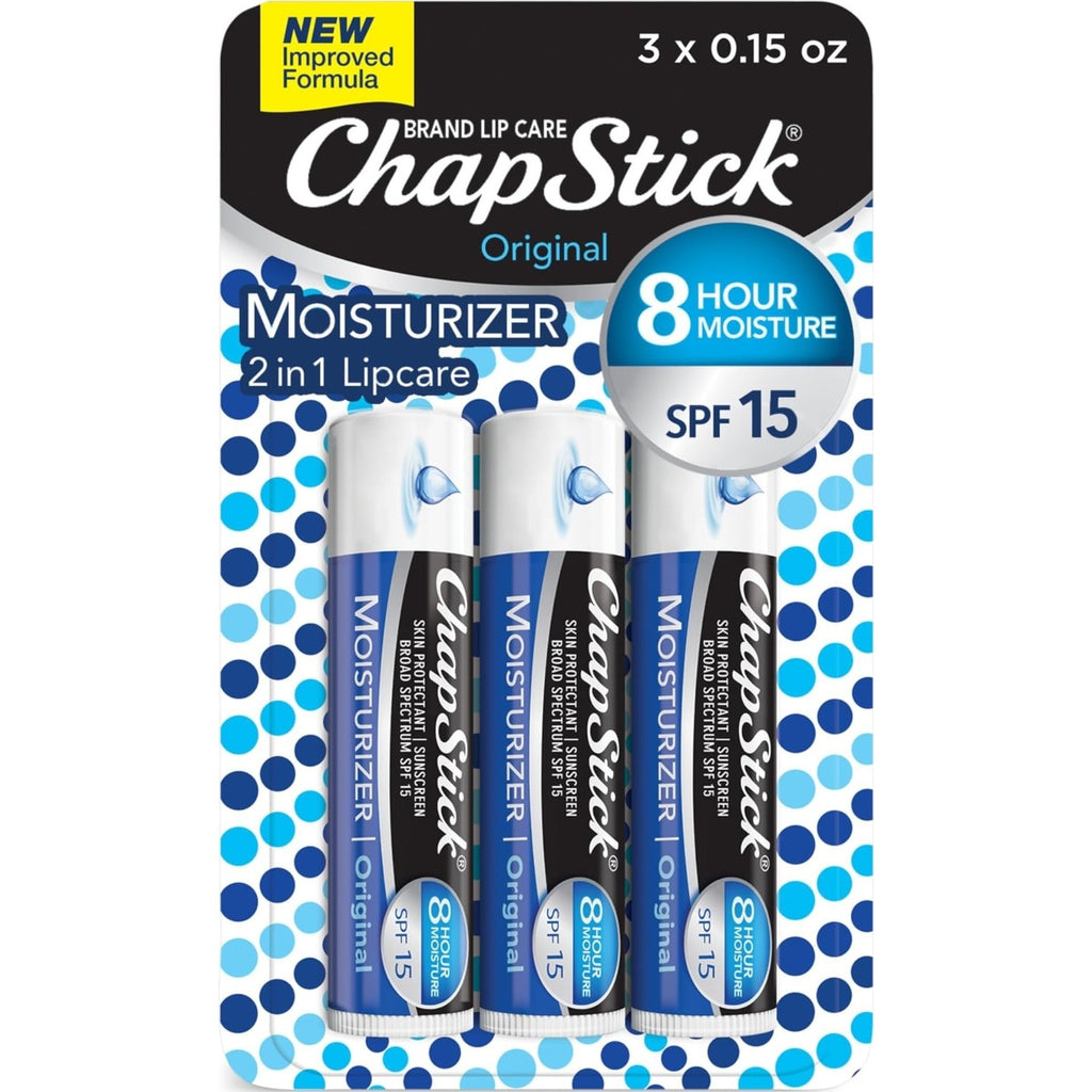ChapStick Moisturizer Original Lip Balm Tubes, SPF 15 and Skin Protectant - 0.15 Oz, 3 Count (Pack of 1)