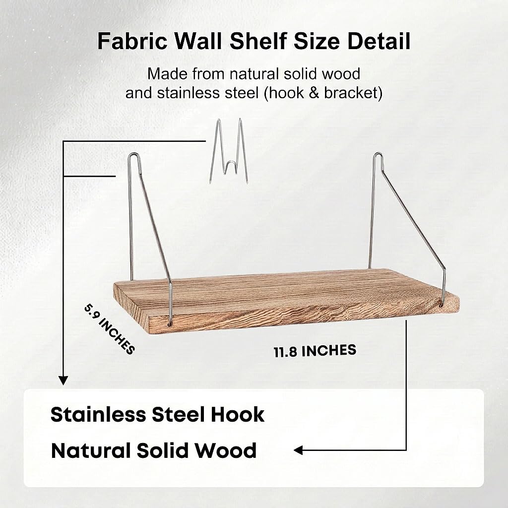 Natural solid wood Fabric Wall Cubicle Shelf Organizer with stainless steel hooks, showcasing premium quality. Available at Curat Cart.