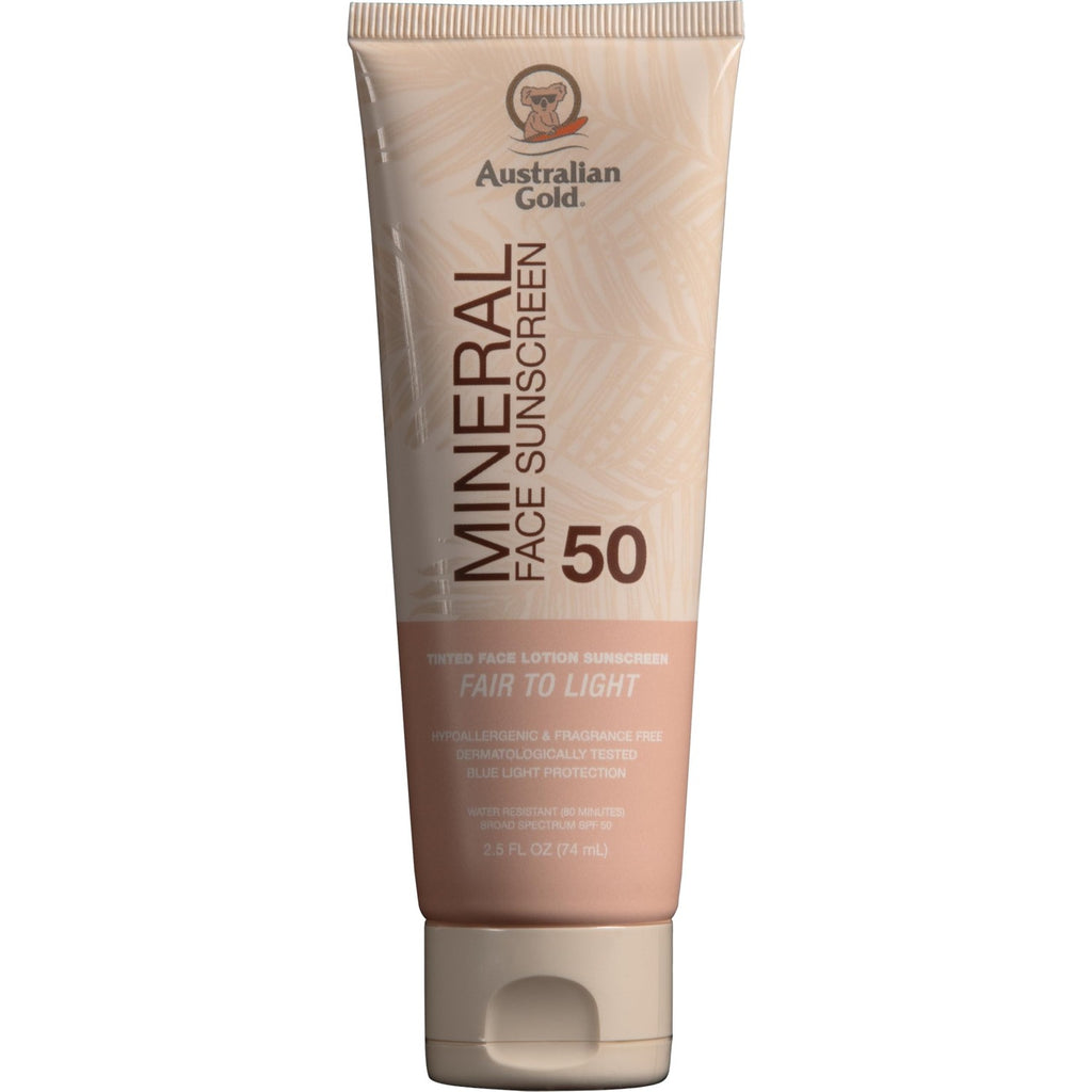 Australian Gold SPF 50 Tinted Mineral Face Sunscreen, Medium-Tan, 2.5 fl oz | Tinted mineral face sunscreen, BB cream finish, buildable coverage, 4% zinc oxide, fragrance free