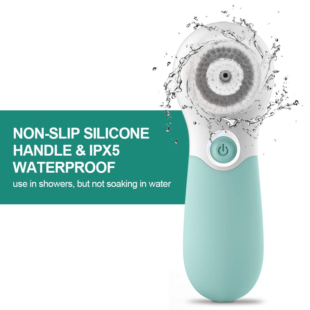 Electric facial cleansing brush with non-slip silicone handle, IPX5 waterproof, ideal for skincare routines. Use in showers.