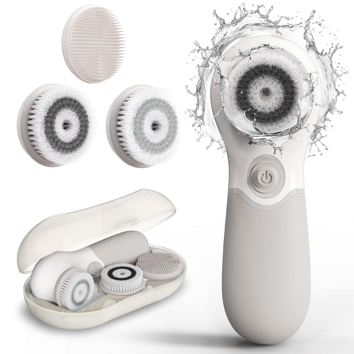 Premium imported electric facial cleansing brush with three interchangeable heads and water-resistant design.